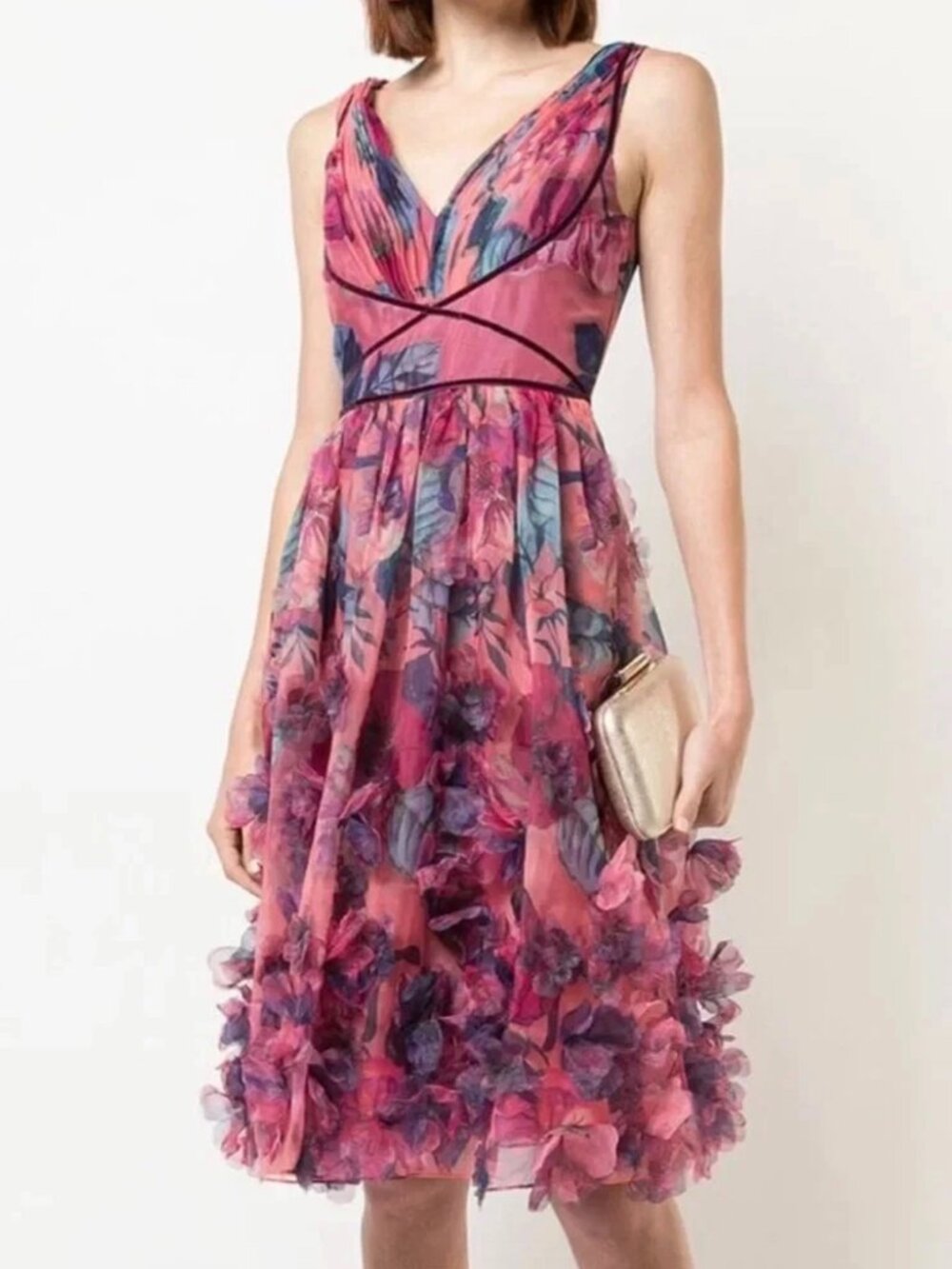 Marchesa Notte Dress Anthropologie Pink Floral Applique Cocktail Print Size XS 0